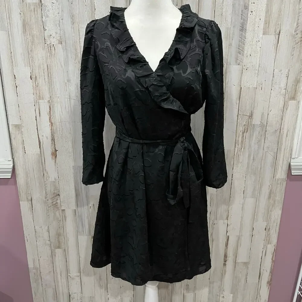 Madewell Black Ruffled Floral Jacquard Wrap Above Knee Mini Dress Size Small
